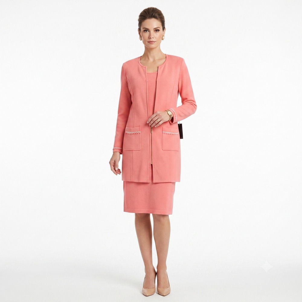 St. John Wool Blend Knit 2-Piece Dress & Jacket Suit Set Coral NWT Dress 4 Jkt 6